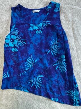 Bali Batiks Tropical Beaded Ruffle Sleeveless Asymmetrical Top Blue Size XL